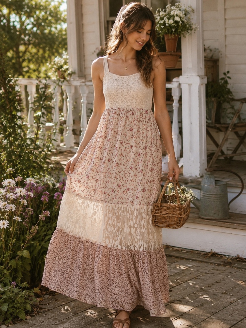 Mossimo Floral Crochet Lace Patchwork Maxi Dress Cottagecore Boho Small
